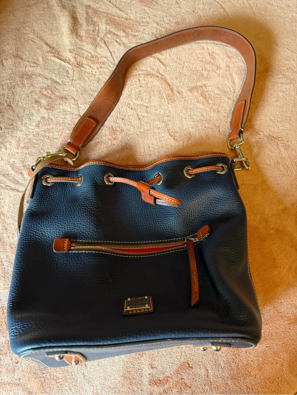 Dooney & Bourke Navy and Tan Pebble Leather Drawstring Shoulder Bag